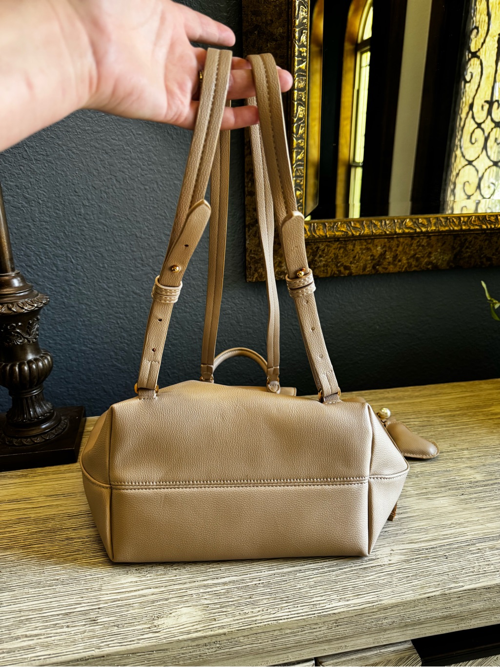 New!!! Hollis Cream Leather Tote Backpack With Tassel Charm — image 5 of 8